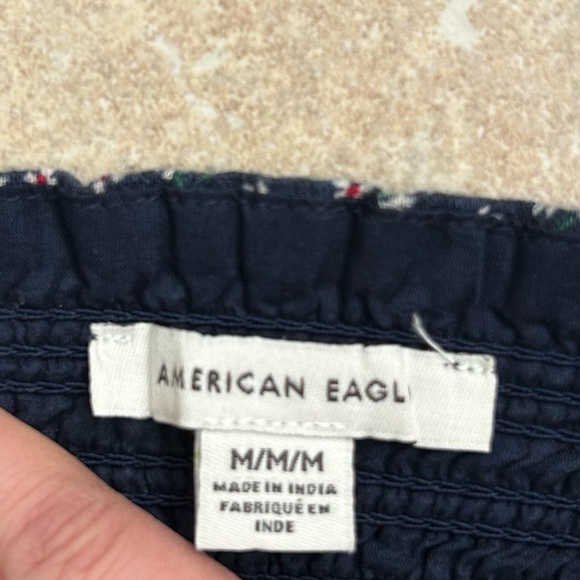 American Eagle Floral Smocked Puff Sleeved Mini Babydoll Dress Navy Size Medium - Picture 2 of 8